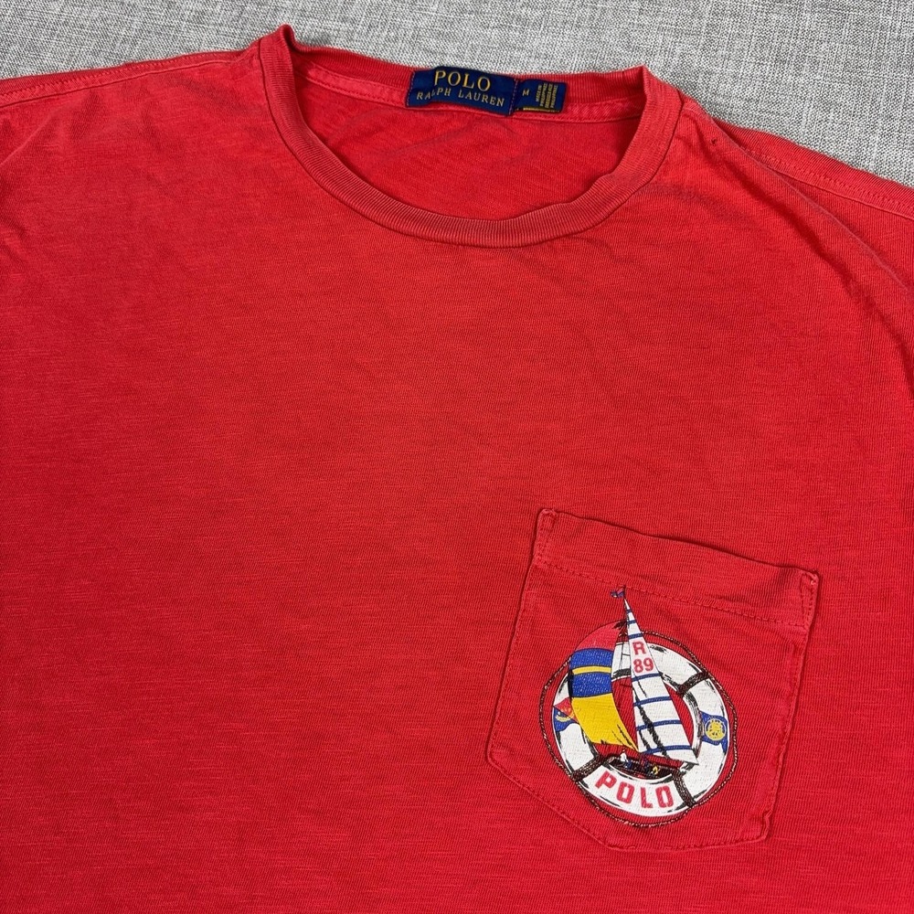 Vintage Polo Ralph Lauren Shirt Mens M Red Pocket Nautical Sailboat Crewneck Tee